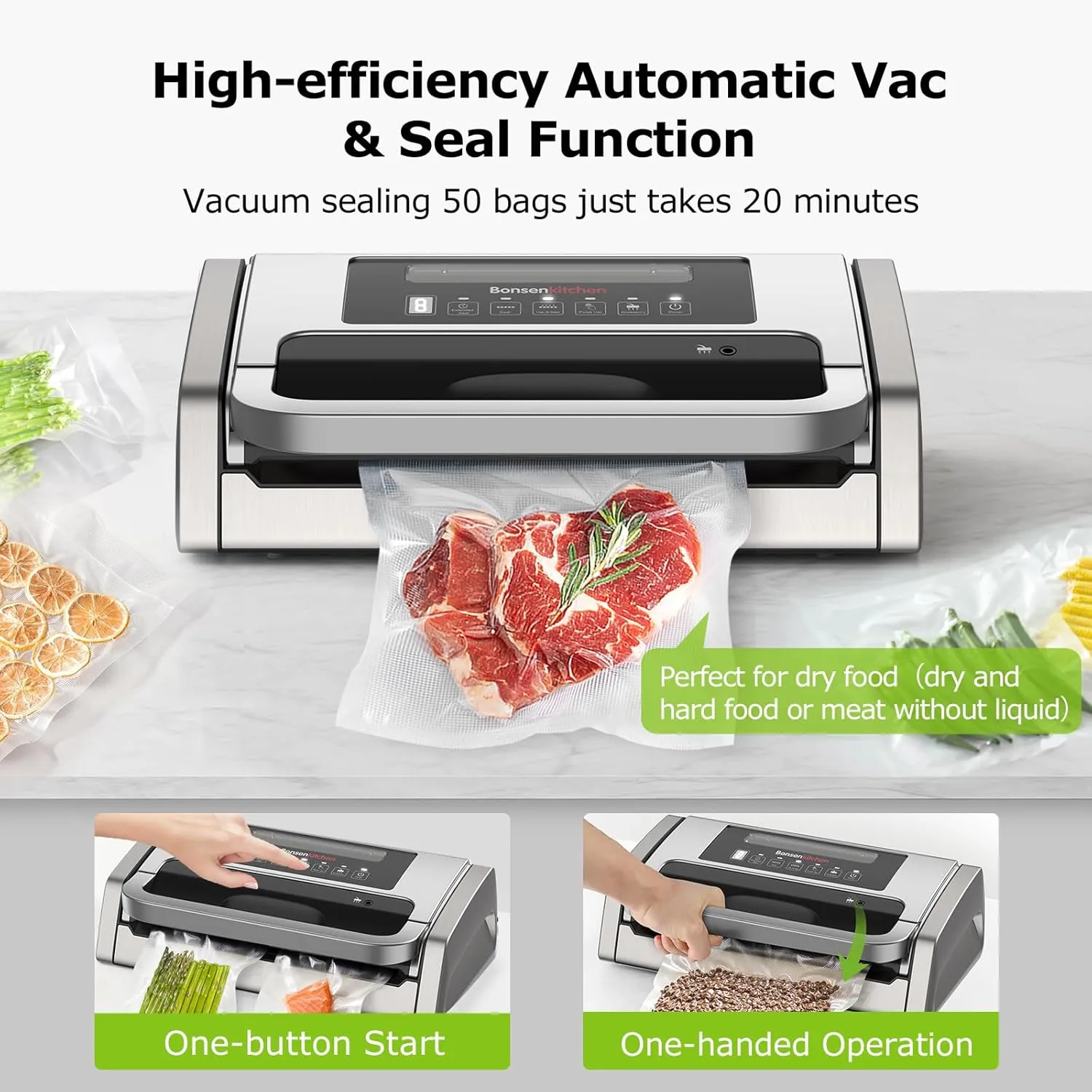 Bonsenkitchen V4100 machine sous vide argentée à 4 pompes