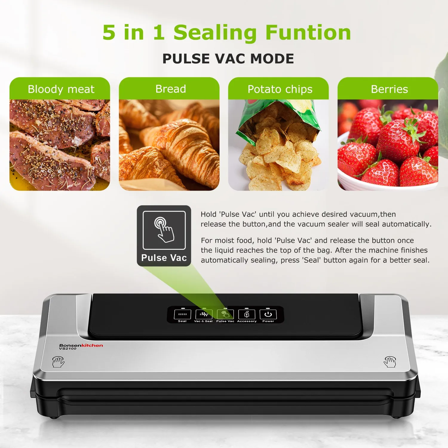 Bonsenkitchen VS2100 machine sous vide aliments sec humide