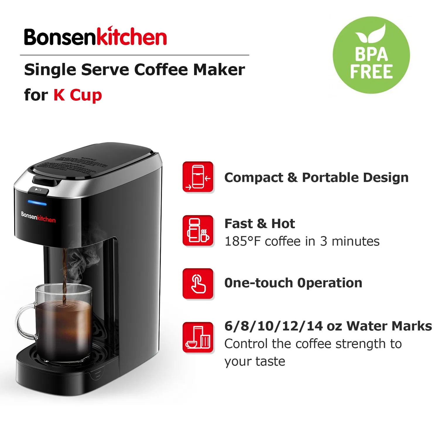 Bonsenkitchen Single Serve Coffee Maker cafetière à capsules K-Cup 6 à 12 oz