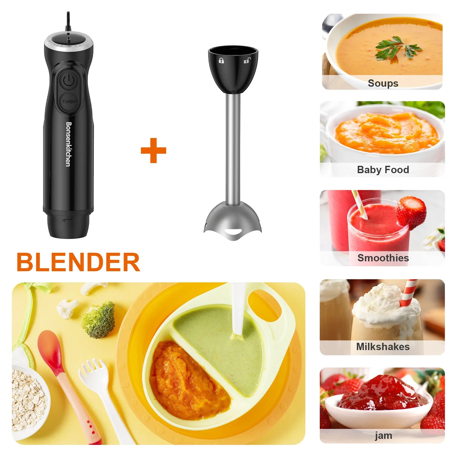 Bonsenkitchen Turbo 12 Speed HB3201 mixeur plongeant blanc 12 vitesses