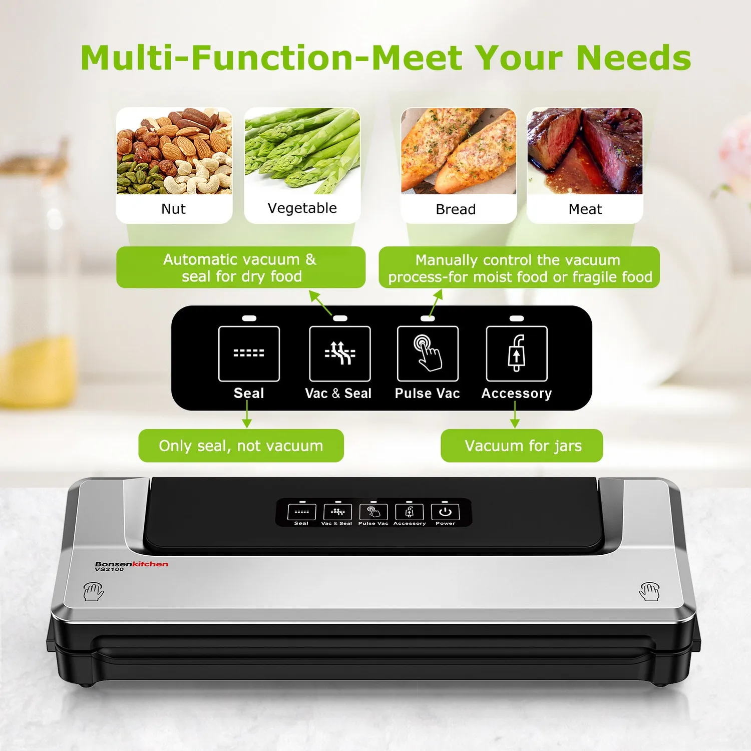Bonsenkitchen VS2100 machine sous vide aliments sec humide
