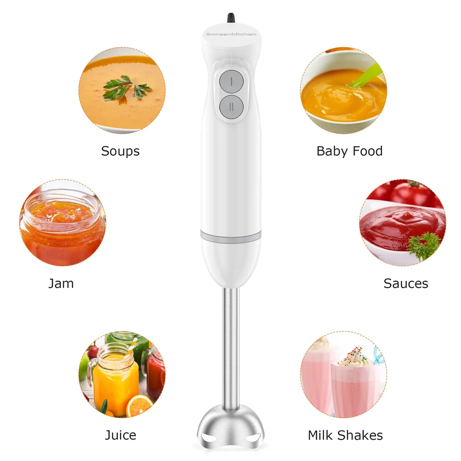 Bonsenkitchen mixeur plongeant blanc 12 vitesses avec bouton Turbo