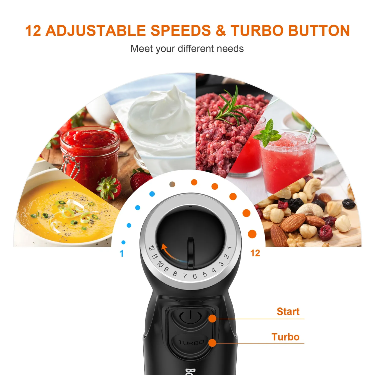 Bonsenkitchen Turbo 12 Speed HB3201 mixeur plongeant blanc 12 vitesses