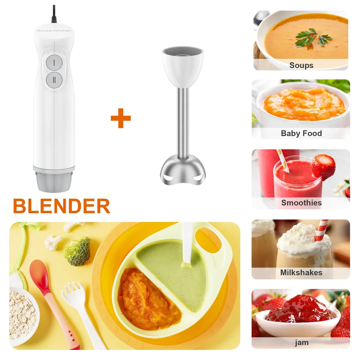 Bonsenkitchen mixeur plongeant blanc 12 vitesses avec bouton Turbo