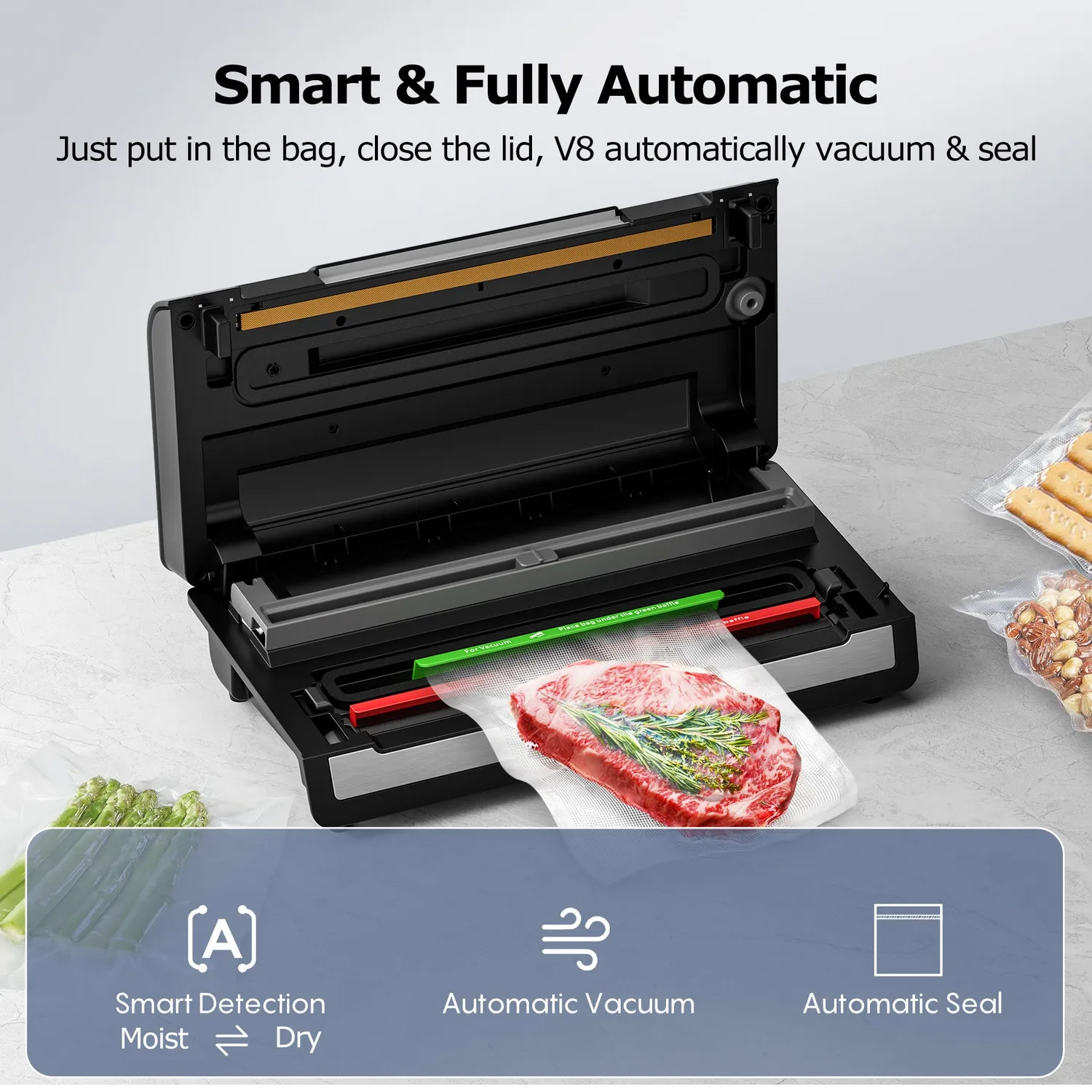 Bonsenkitchen scelleuse sous vide automatique avec cutter et 2 rouleaux