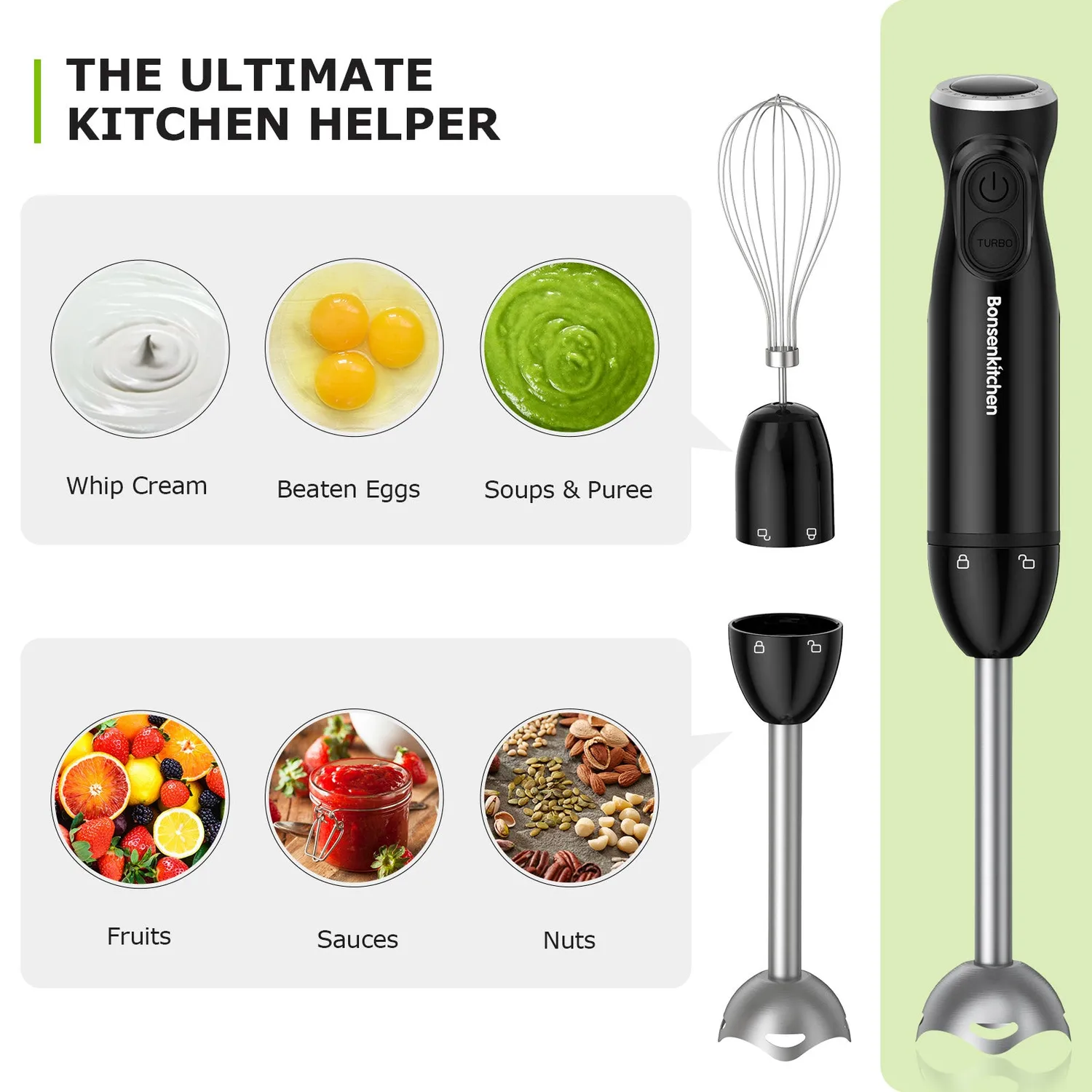Bonsenkitchen Turbo 12 Speed HB3202 mixeur plongeant 3-en-1