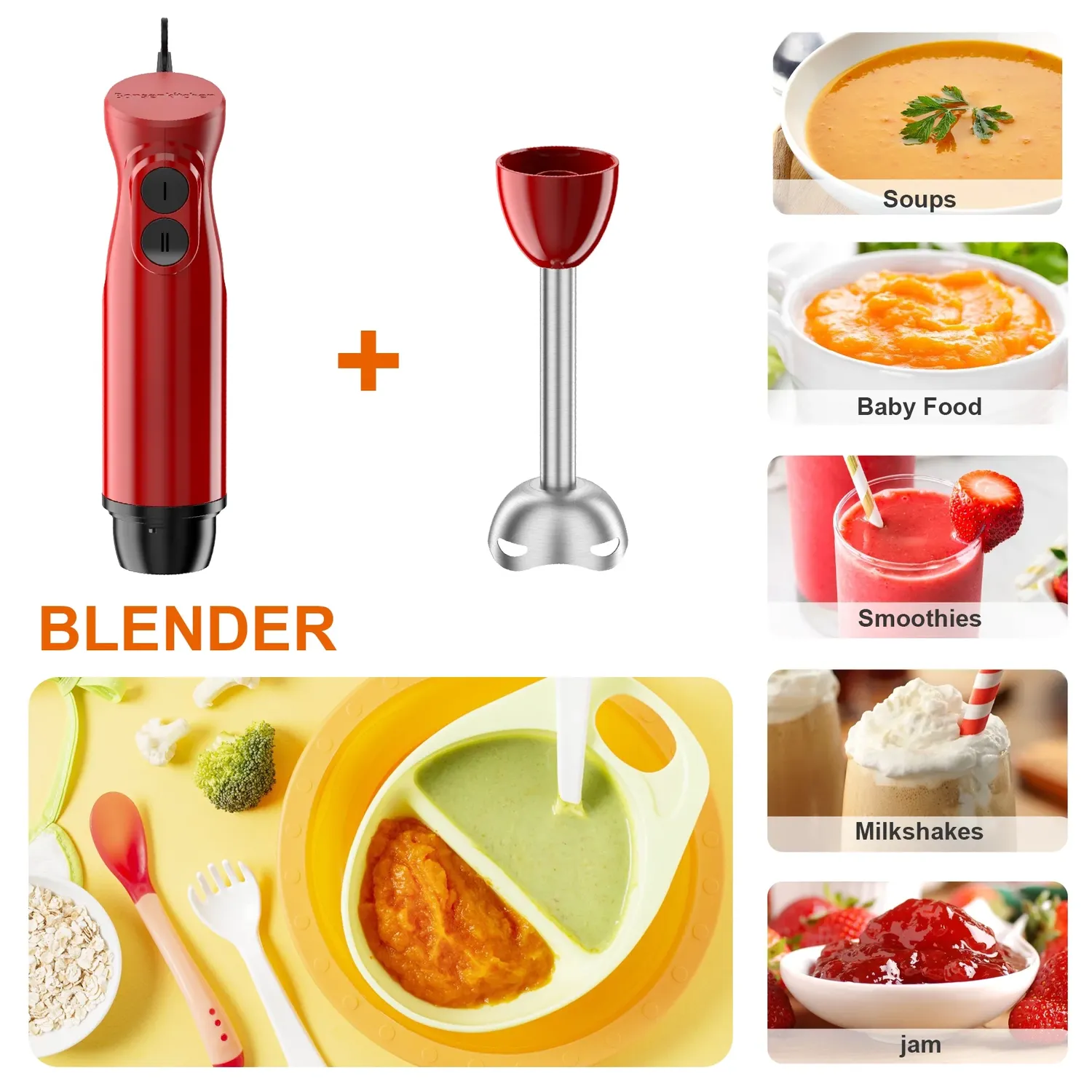 Bonsenkitchen mixeur plongeant rouge 12 vitesses