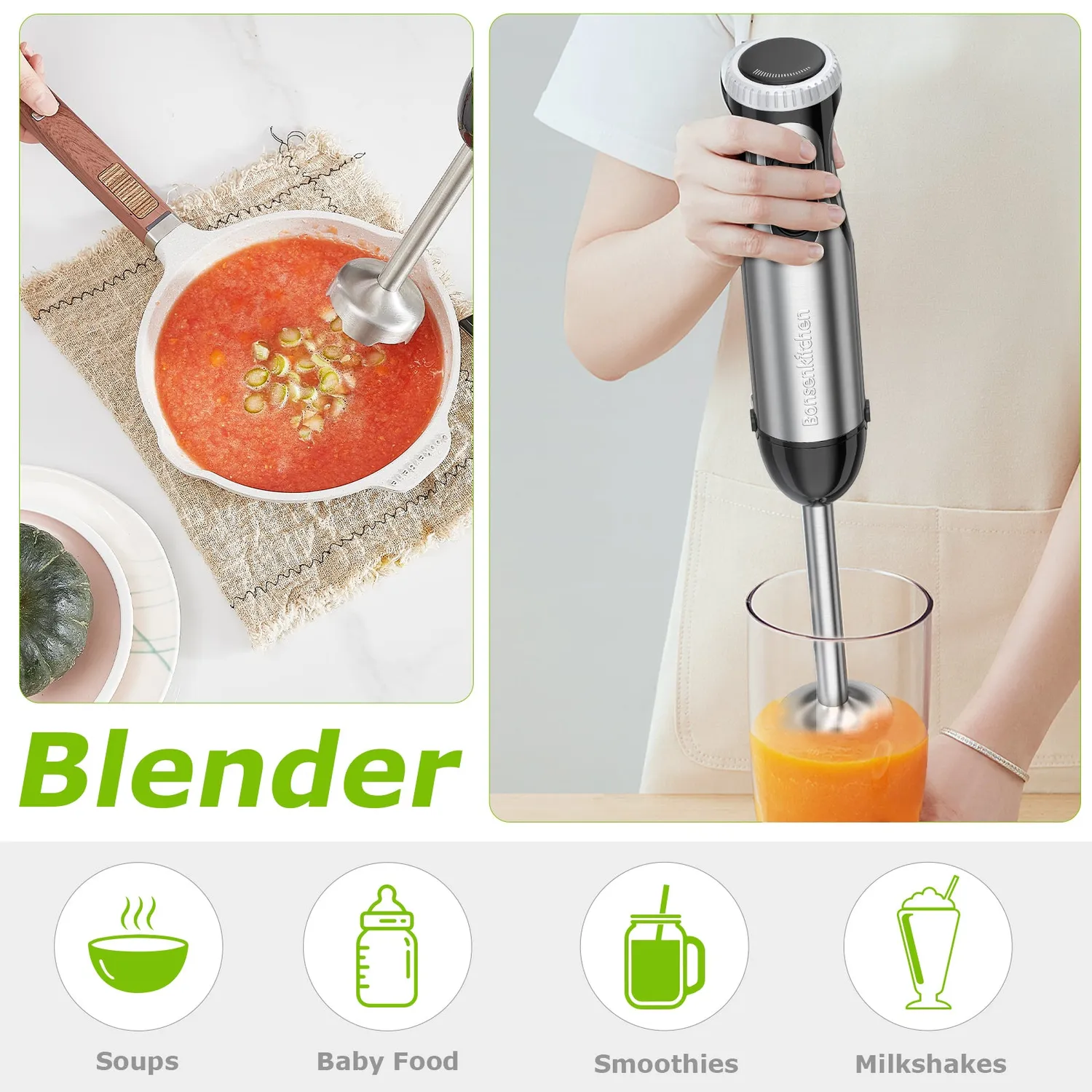 Bonsenkitchen HB3203 mixeur plongeant inox 4-en-1