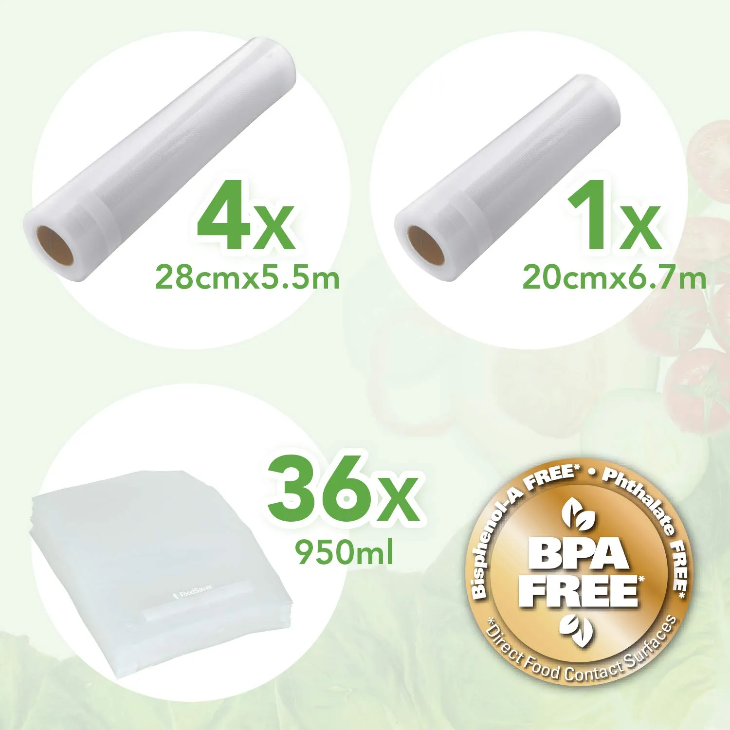 FoodSaver sacs et rouleaux sous vide 5 rouleaux et 36 sacs sans BPA